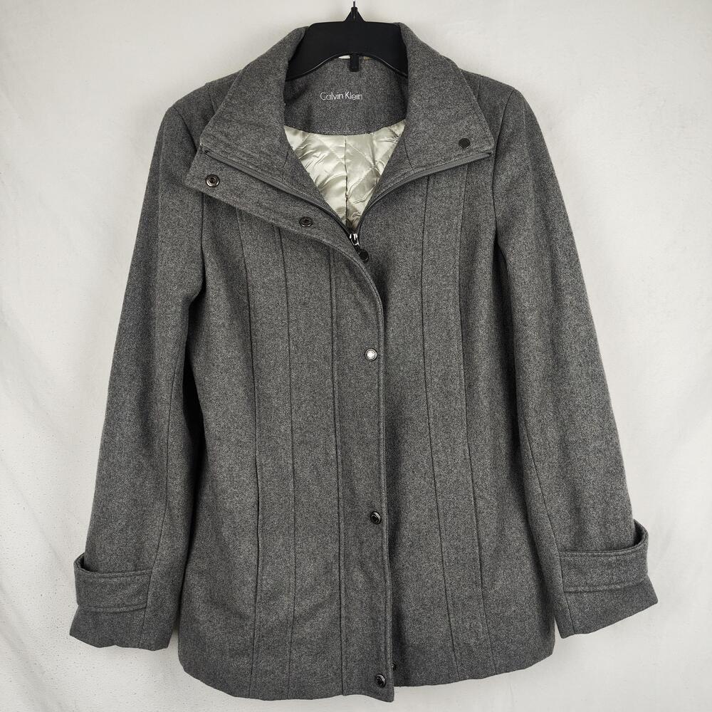Calvin Klein Coat Womens Medium Gray Wool Twill Pea Full Zip Pockets Quilted